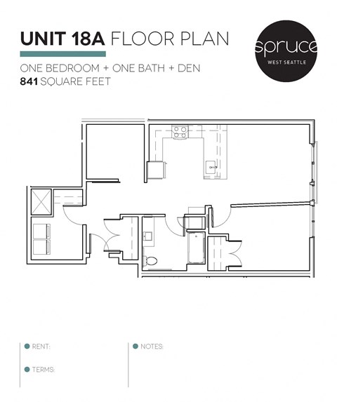Floor plan for 1 bed, 1 bath, 841 sqft